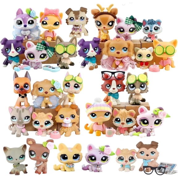 Mini Pet Toys Random 5pcs Pets and 7PCS Accessories, Little Animal Toy Cute Collie Short Hair Cat Great Dane Cocker Spaniel Dog and More,Kids Collectible Imagination lps Toys