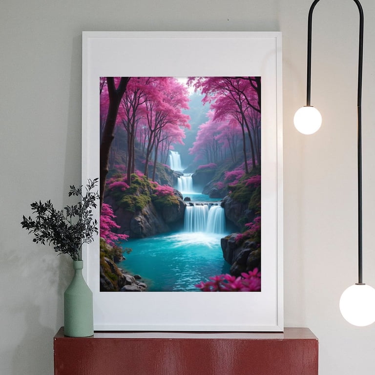 Diamond Art Kit for Adults, Pink Forest Waterfall Serenity Diamond