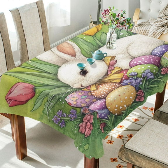 WOBOGO Easter White Bunny Square Tablecloth 54×54in Polyester Fabric Tablecloth Washable Dust Resistant Wrinkle Resistant
