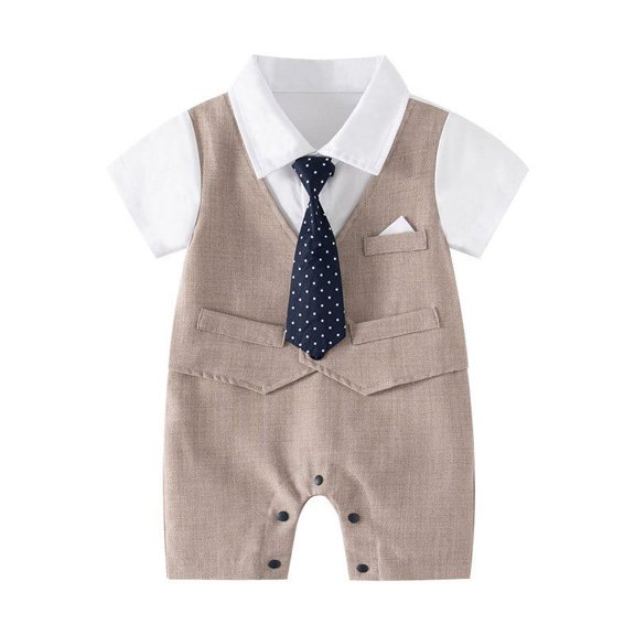 Otqutp Kids Wedding Bodysuit Baby Boys Gentleman White Shirt Vest Bowtie Short Sleeve Jumpsuit Spring Summer Overall Romper Festival Holiday Outfit(Brown-A,0-3 Months