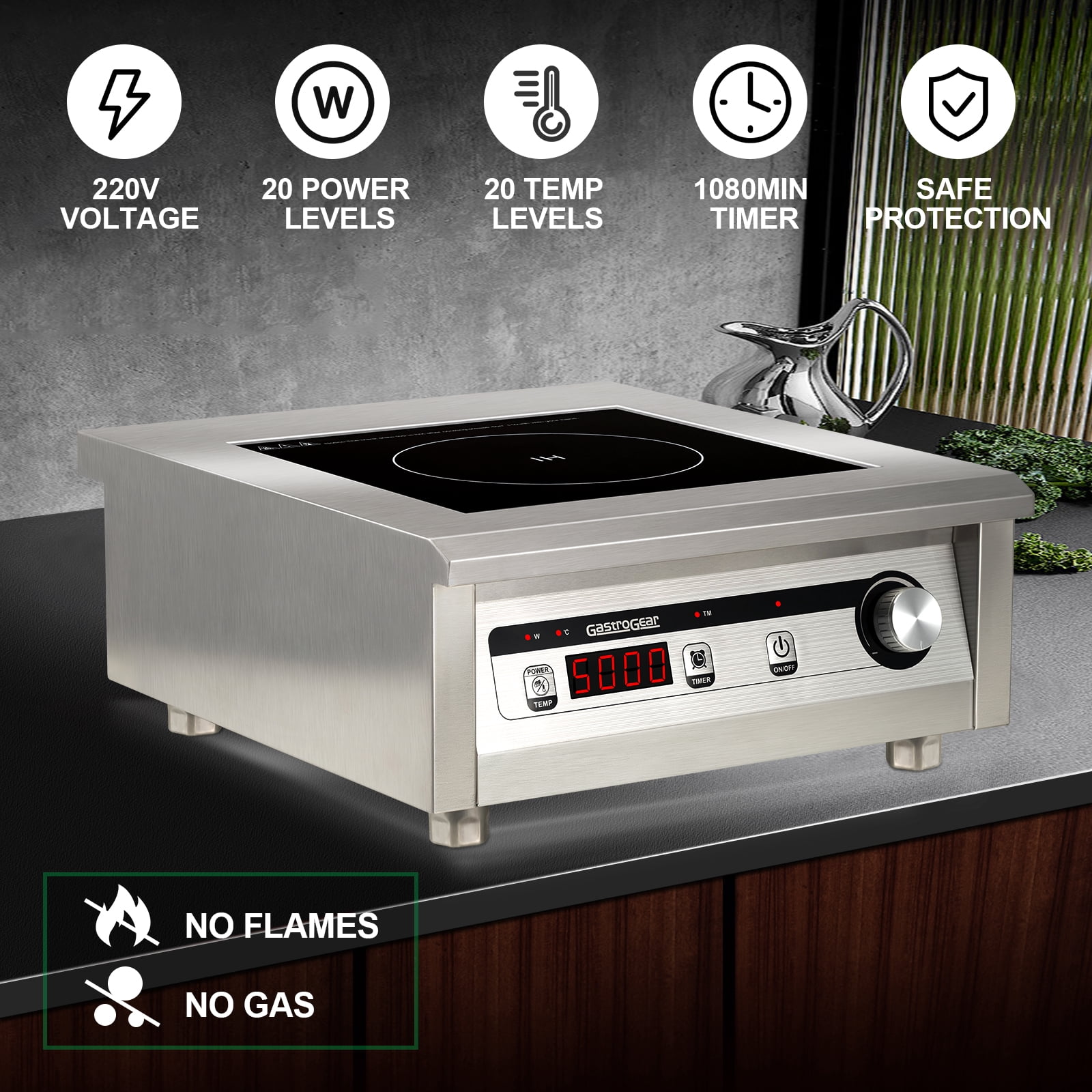 GastroGear 5000W/220V Commercial Induction Cooktop Professional Commercial Range Countertop Burners Hot Plate Electric Stove for Kitchen Restaurant Hotel School ETL-Certified