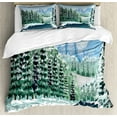 thumbnail image 1 of Forest Duvet Cover Set Queen Size, Wildwood in Winter Season with Snowy Mountains and Frozen River Cartoon Style, Decorative 3 Piece Bedding Set with 2 Pillow Shams, Green Blue White, by Ambesonne, 1 of 3