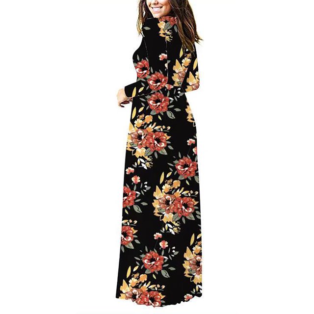 Vestido largo de cuello redondo, vestido largo con estampado floral, vestido largo con estampado floral, vestido de manga larga, materiales de la mejor calidad