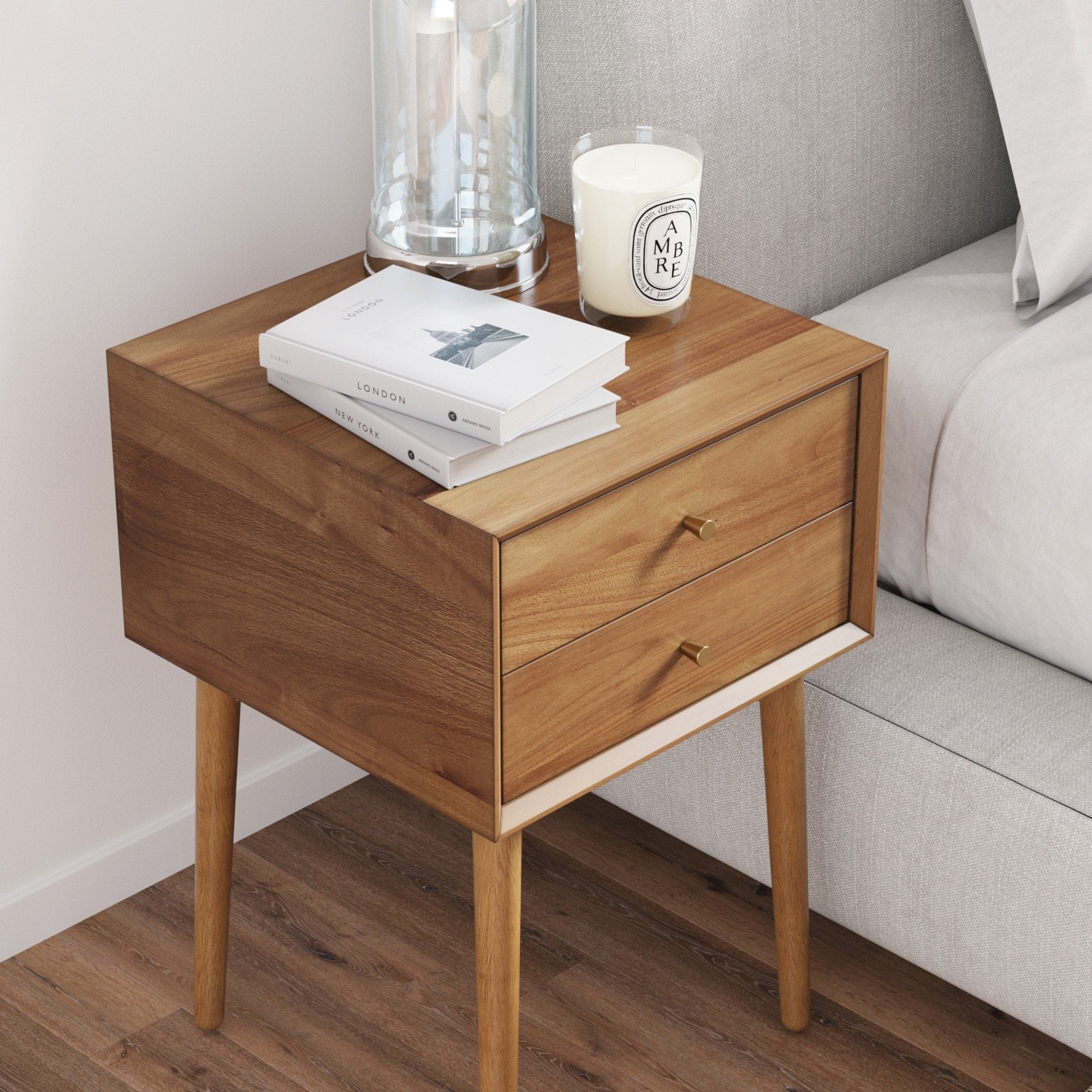 Nathan James Harper Mid-Century Oak Wood Nightstand with 2-Drawers, Small Side Table, End Table with Storage, Brown