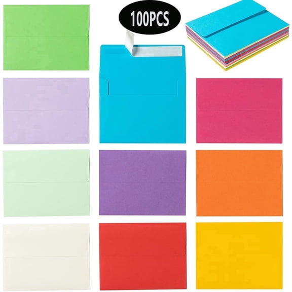 100 Pack A7 Colored Invitation Envelopes Self Seal for Wedding, Party Invitations, Greeting Cards, Announcements, Photos, 10 Colors (5.2 *7.2In)
