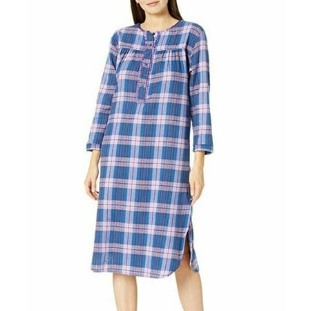 

Womens Flannel Plaid Cotton Nightgown with Front-Button-Long Sleeve