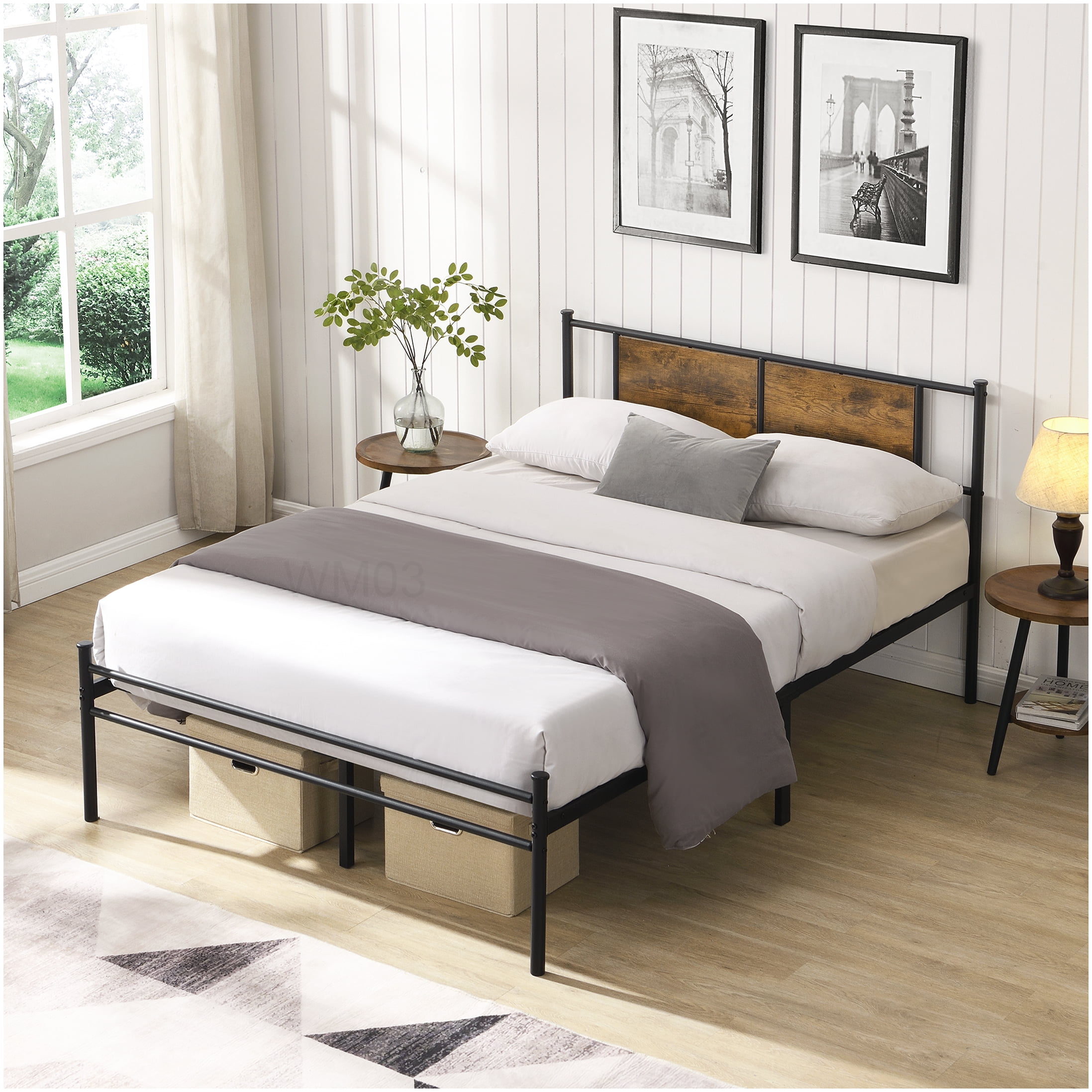 Metal Platform Bed Frame King Size with Wood Headboard and Underbed Storage, No Box Spring, Black Brown