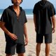 thumbnail image 2 of Conjunto de Pantalones Cortos para Hombre 2 Piezas Outfits Color Sólido Botón Cordón de Lino Camiseta con Capucha Y Pantalones Cortos de Playa, 2 of 9