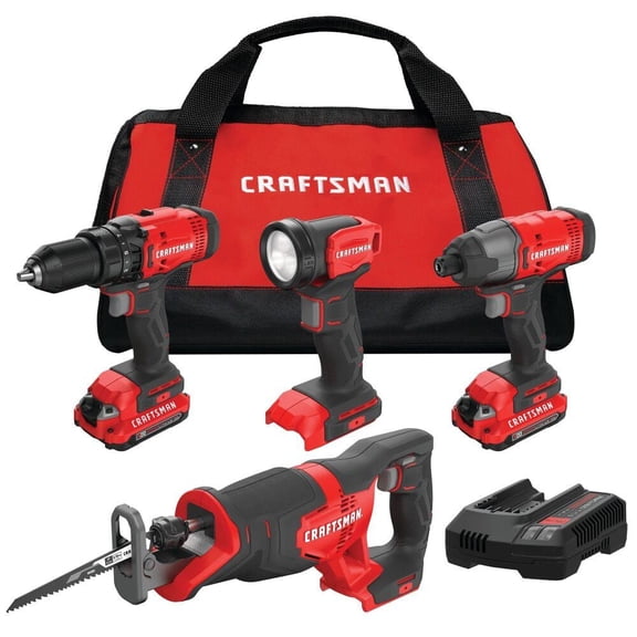 Craftsman V20 Cordless 4 Tool Combo Kit With Two 2.0 Ah Batteries And Charger