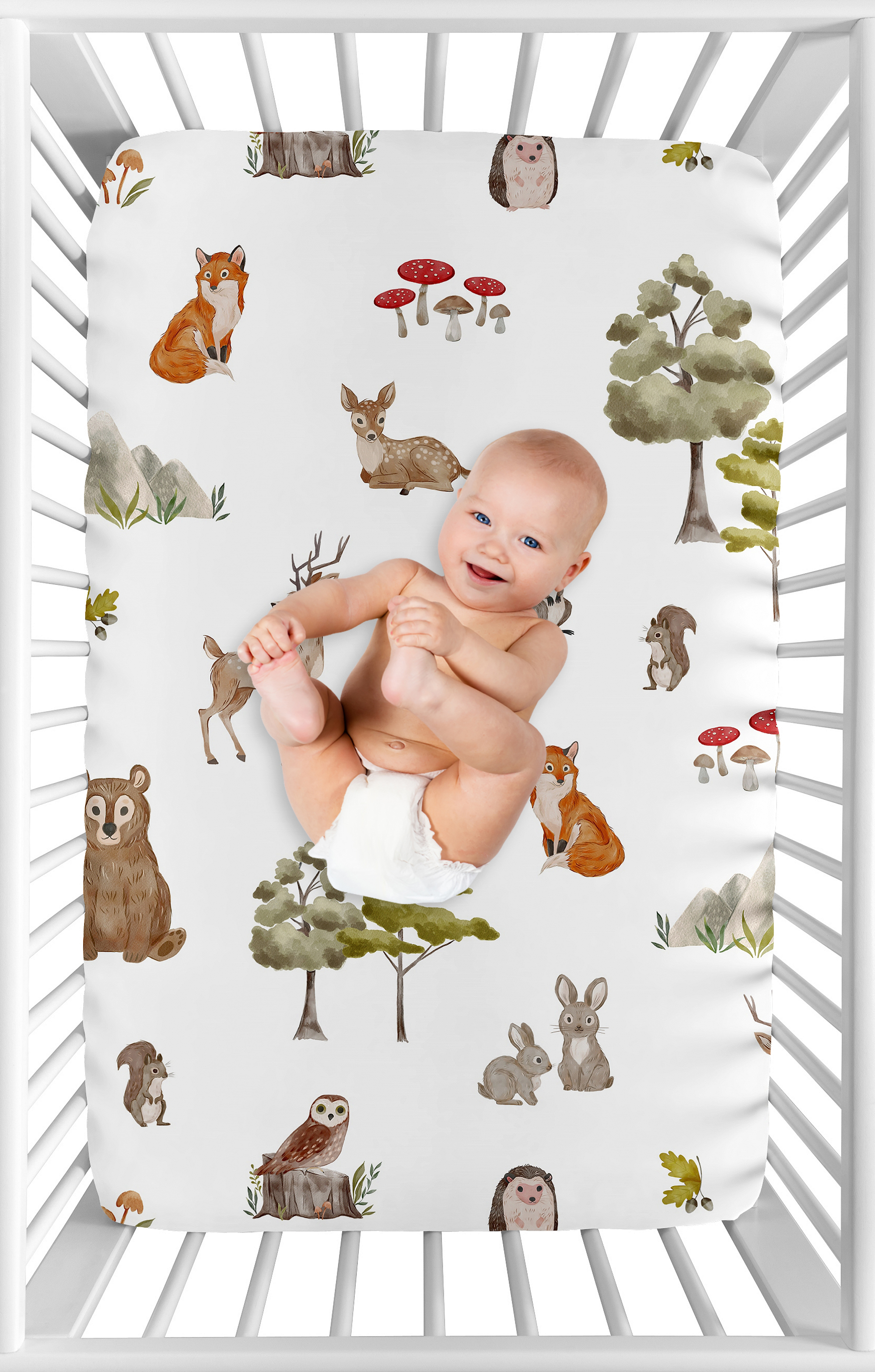 Sweet Jojo Designs Watercolor Woodland Forest Animals Green Brown White Mini Fitted Crib Sheet