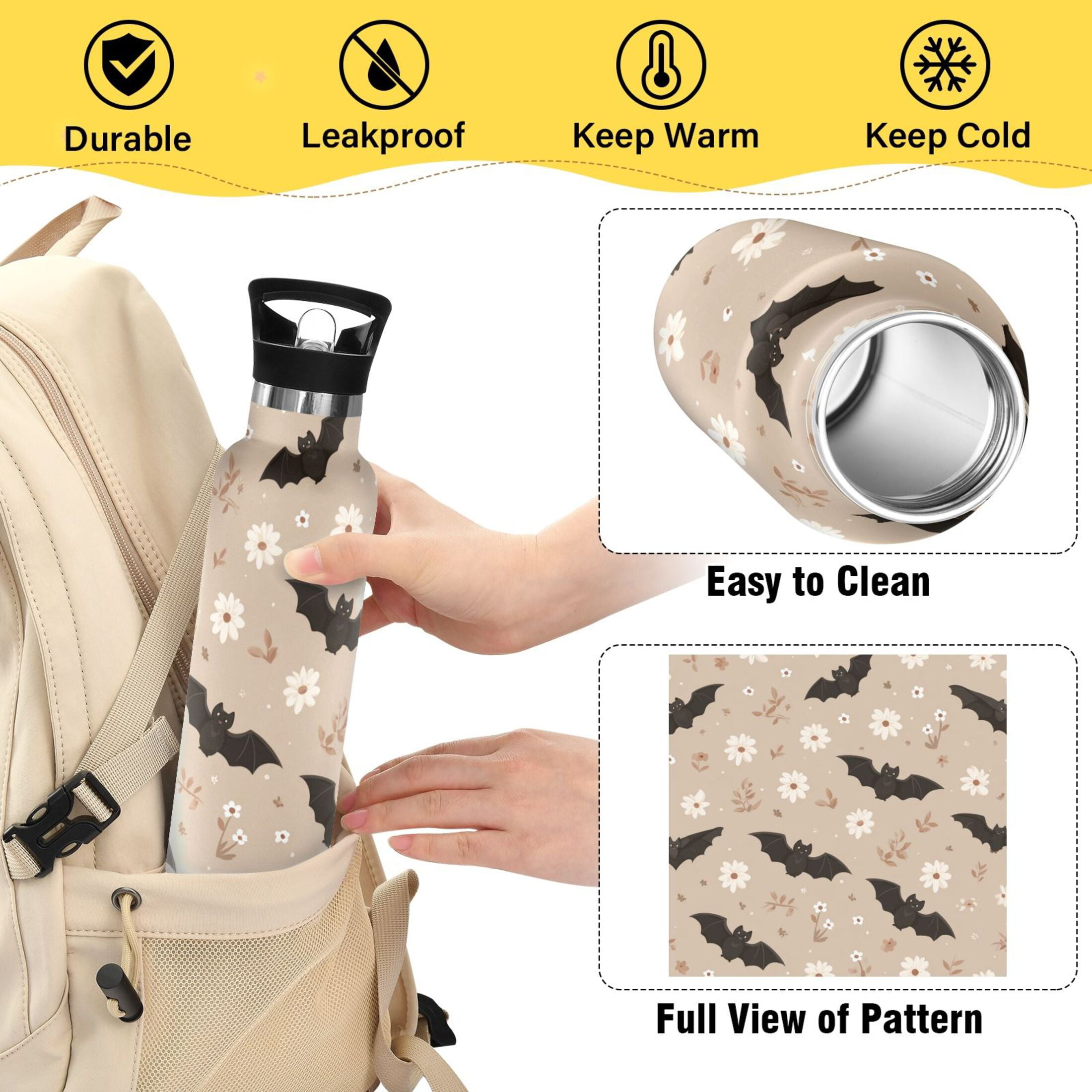 600ML Stainless Steel Insulated Cup Sports Water Bottle Portable Thermos Cup Water Glasses Insulated Tumblers Convenient and Durable Bats and White Flowers