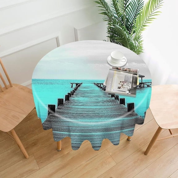 RKSupls 60 Inch Round Tablecloth, Ocean Pier Gazebo Premium Polyester Straight Edge Wrinkle Resistant Washable Table Cover for Party Home Dining Decor