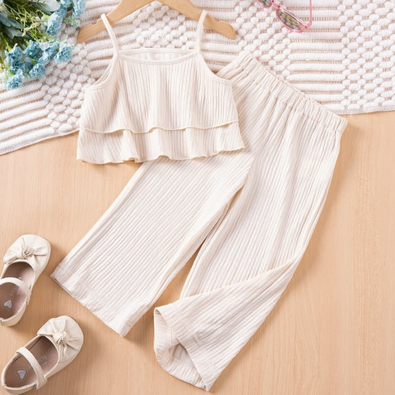 Two Piece Sets for Girls Sleeveless Tank Tops and Pants Vacation Outfits Toddlers Teens Cute Solid Lightweight Loose Going-Out Beach Set