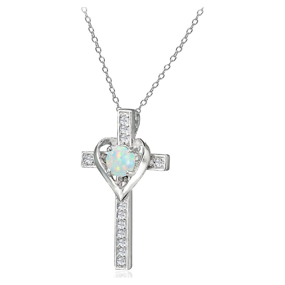 Sterling Silver Simulated White Opal and White Topaz Heart Cross Birthstone Pendant Necklace