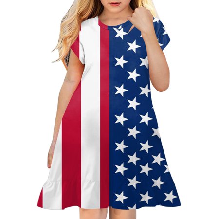 kpoplk Girls Patriotic Clothes Toddler 4th of July Outfits Kids American Flag Dress Stars Stripes Dresses(7-8 Years)