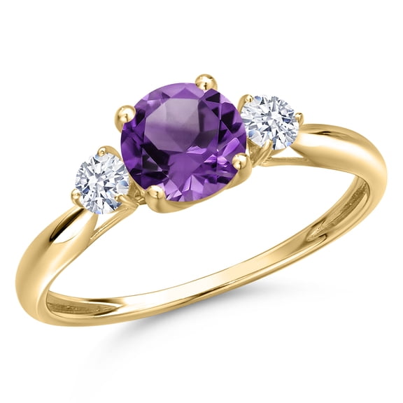 Gem Stone King 10K Yellow Gold Purple Amethyst and White Zirconia 3-Stone Ring for Women | 1.22 Cttw | Round 6MM | Gemstone February Birthstone | Size 9
