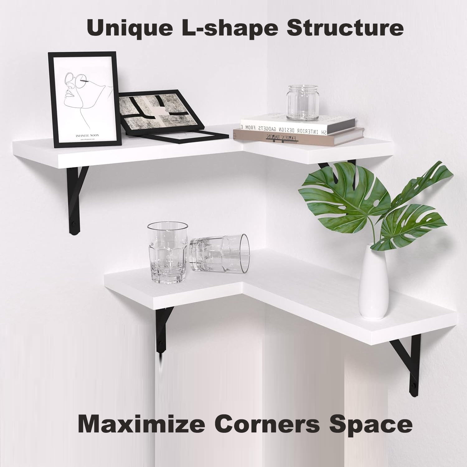 17" Corner Floating Shelves Wall-Mounted Set of 2 White Rustic Wood Shelf for Decor & Storage for Livingroom Kitchen Bedroom Bathroom Laundry Room