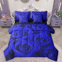 Homewish Dreamy Blue Rose 7 Pieces Bedding Comforter Set,Romantic Floral Flower Full Bedding Set,Natural Plant Fitted Sheet Flat Sheet For Girls Kids,Breathable Home Decor Reversible