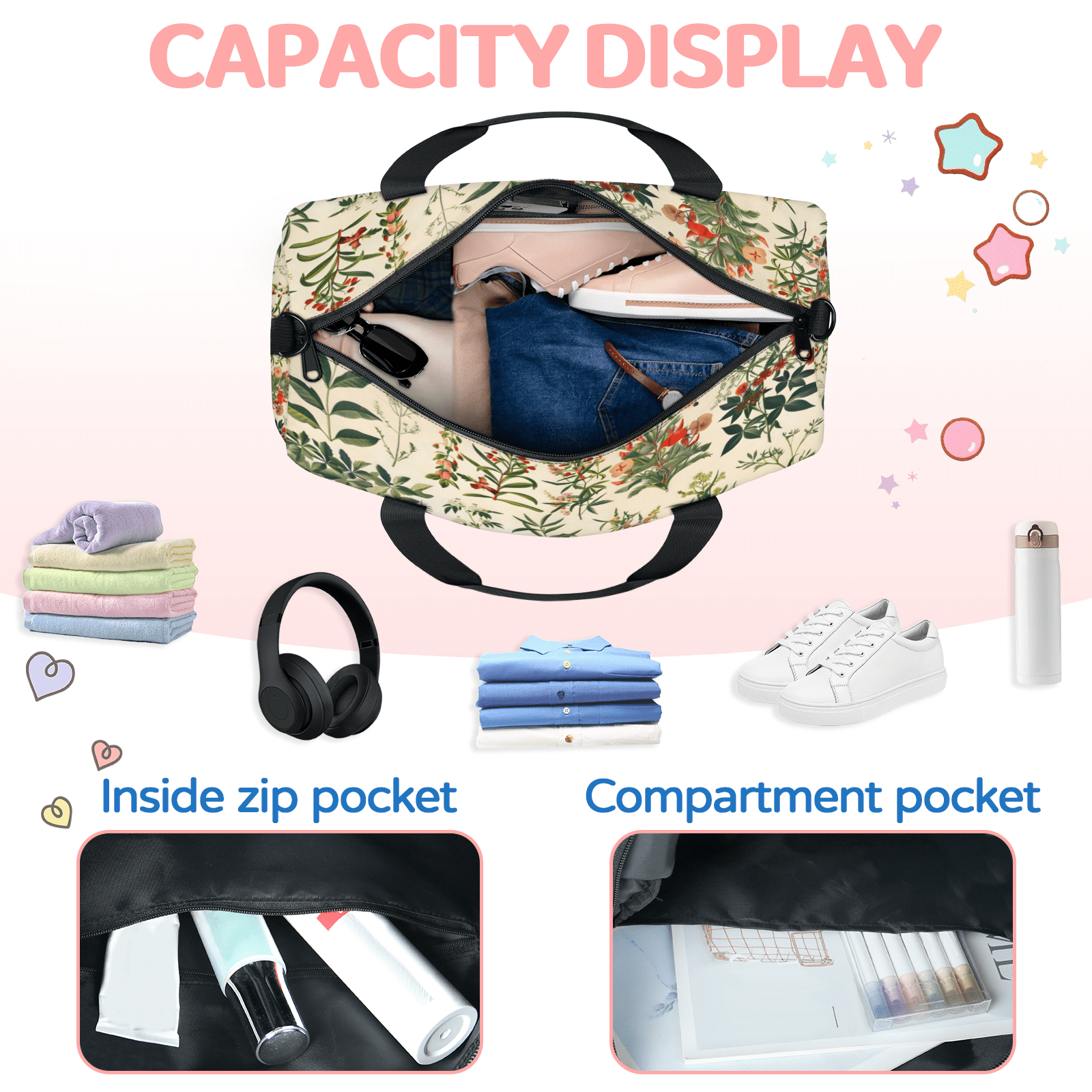 Herdesigns Spring Summer Floral Vintage Wildflower Gym Bag for Women, Duffle Bag for Travel Sport, Lightweight Waterproof Carry on Weekender Overnight Dance Yoga Workout Bags
