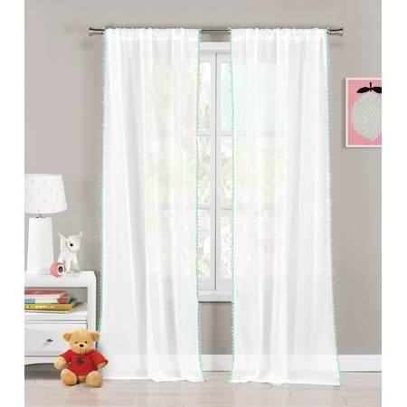 - Set of Two (2) Sheer Pole Top Window Curtain Panels: Pure White with Sea Foam pom-poms, 76