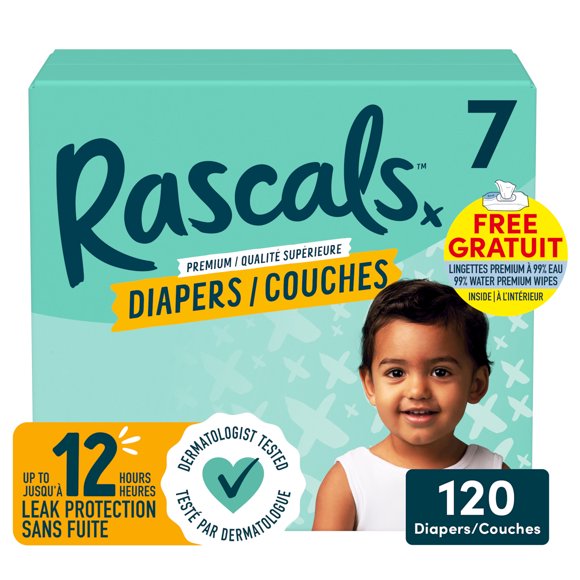 Couches Rascals Premium, taille 7, 120 unités, incluant 5 paquets de Lingettes premium à 99% eau