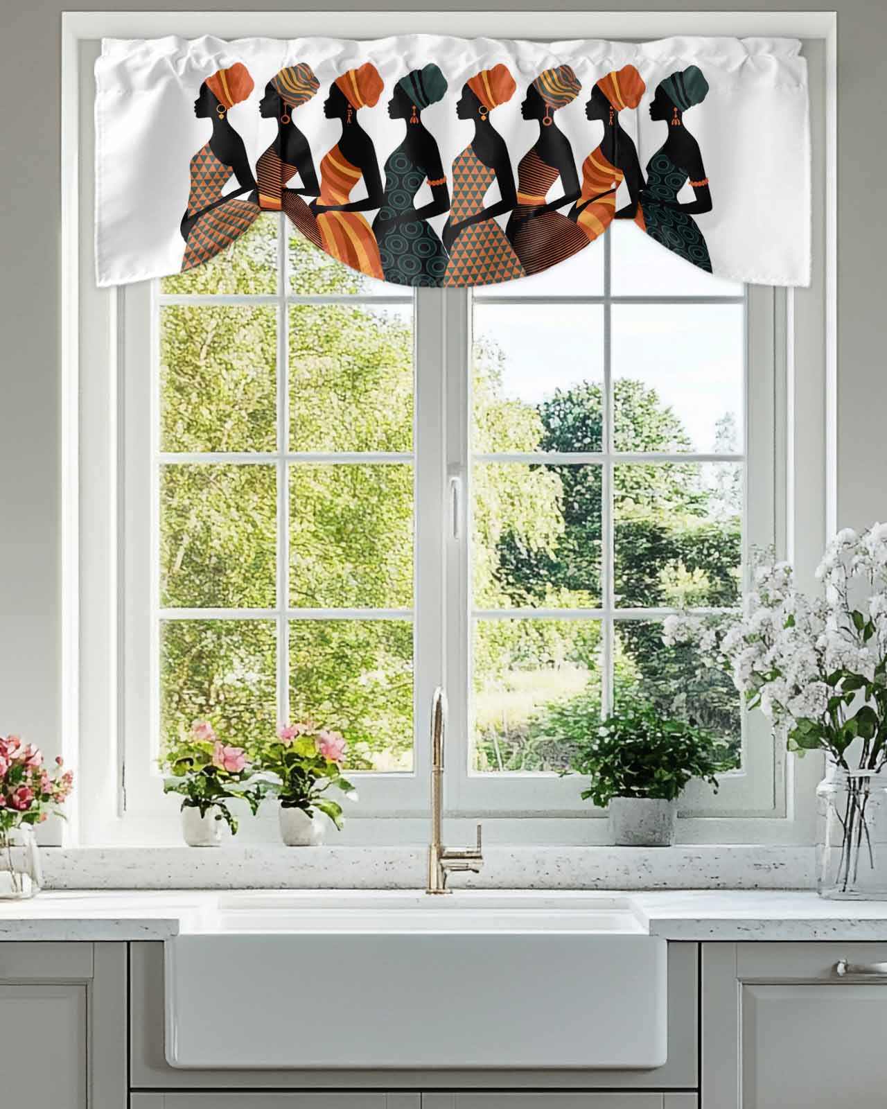 Black Girl African Tie Up Valances Curtain, Adjustable Kitchen Elegant Women Abstract Orange Geometric Tribal Valances for Windows Decor, Rod Pocket Short Curtains Set for Bedroom/Bathroom, 60"x18"