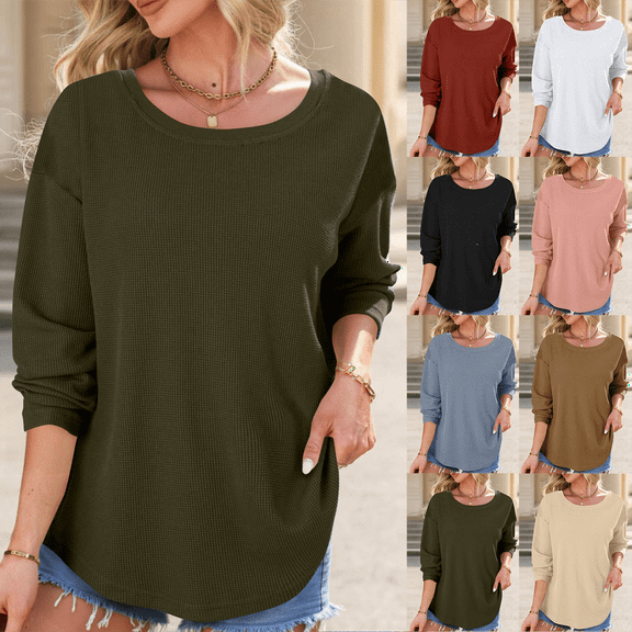 Women's Waffle Knit Sweatshirt Crew Neck Long Sleeve Shirts Comfy Pullover Lightweight for Loose Casual Fall Outfits