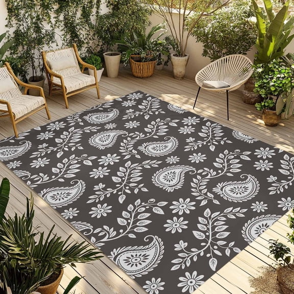 Grey Paisley Outdoor Rug for Patio/Deck/Porch, Non-Slip Large Area Rug 5 x 8 Ft, Ethnic Vintage Floral Botanical Abstract Indoor Outdoor Rugs Washable Area Rugs, Reversible Camping Rug Carpet Runner
