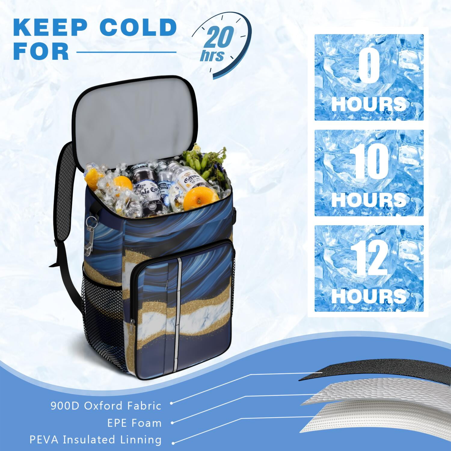 Travel Cooler Bag - Blue Gold Marble Camping Beer Cooler Backpack with Bottle Opener- Waterproof Insulated Picnic Backpacks - Cooler Bag for Beach