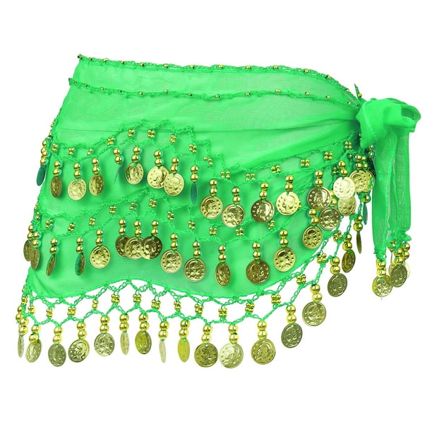 Bufanda de gasa para mujer, para danza del vientre, 3 filas, 128 monedas, cinturón envolvente para danza del vientre (verde)