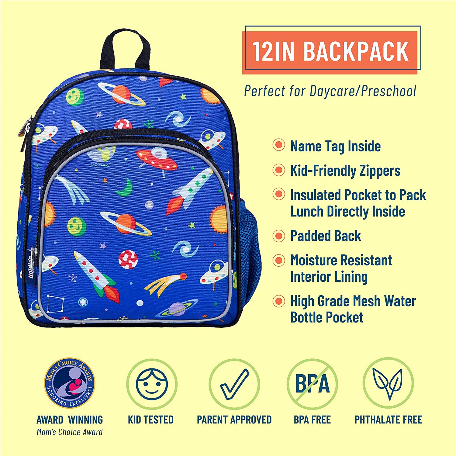 Wildkin Kids 12 Inch Backpack for Toddler Boys and Girls, Insulated Front Pocket (Out of this World) - image 4 of 8