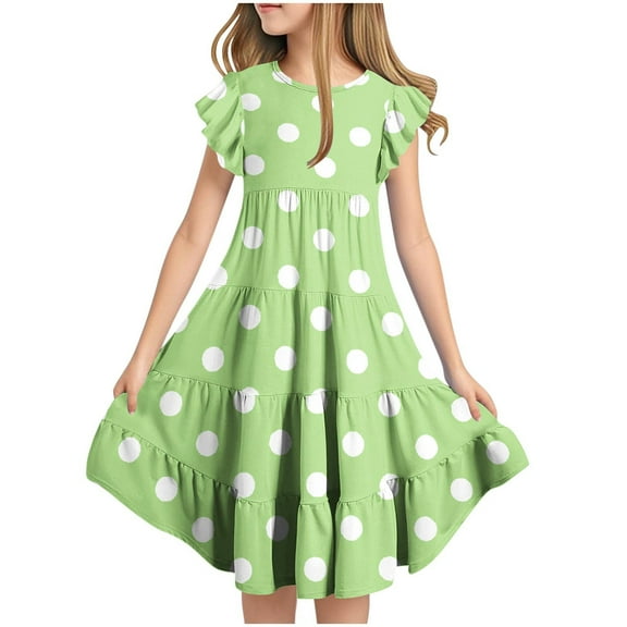 THDHVS Summer Dresses for Kids,Girls Casual Dresses,Fashion Girls' Summer Short Sleeve Flying Sleeve Dress with Round Neck and Pockets Green 12-13 Years