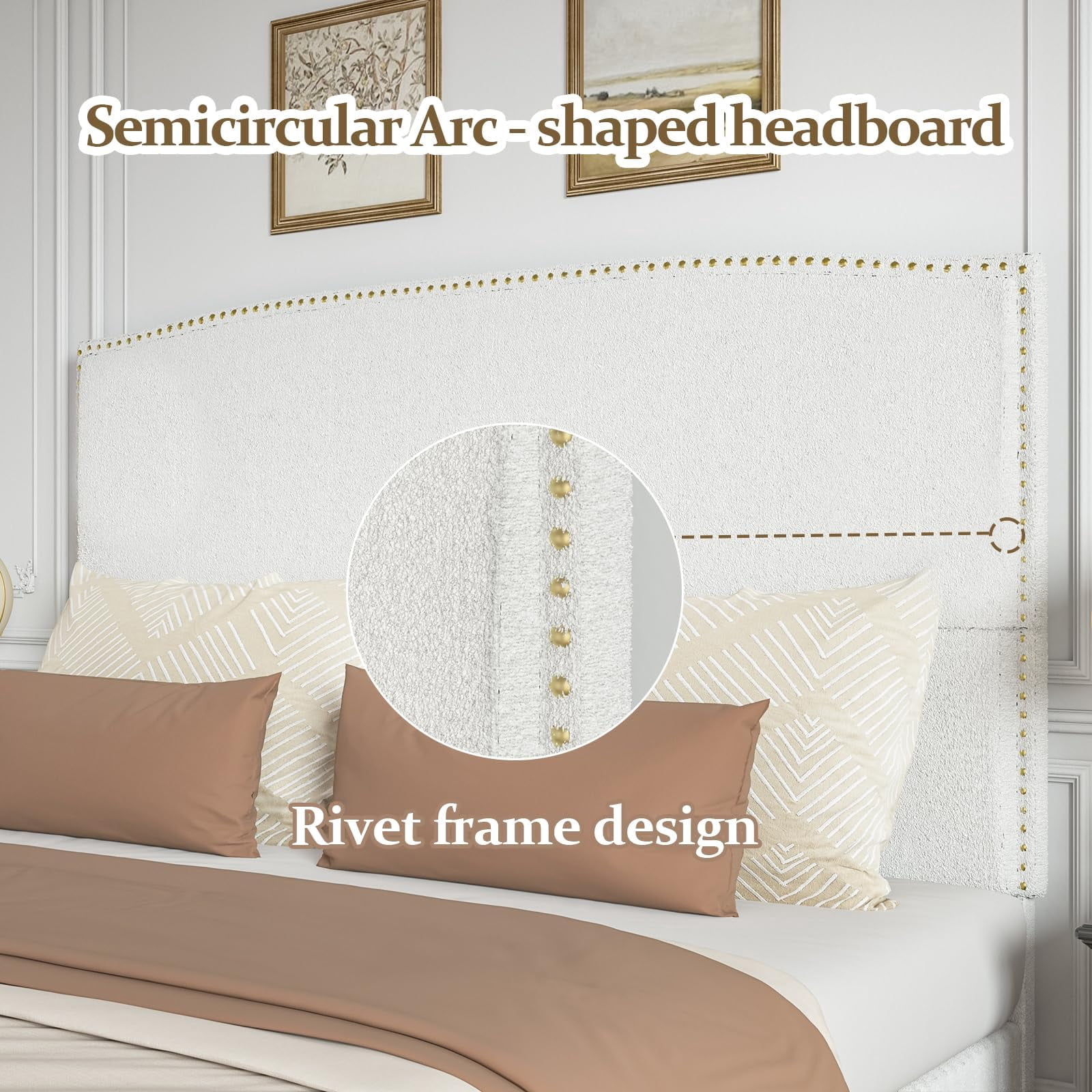 4 EVER WINNER King Bed Frame with 56" Tall Headboard, White King Bed Frame with Nailhead Trim Headboard, King Size Upholstered Platform Bed, White