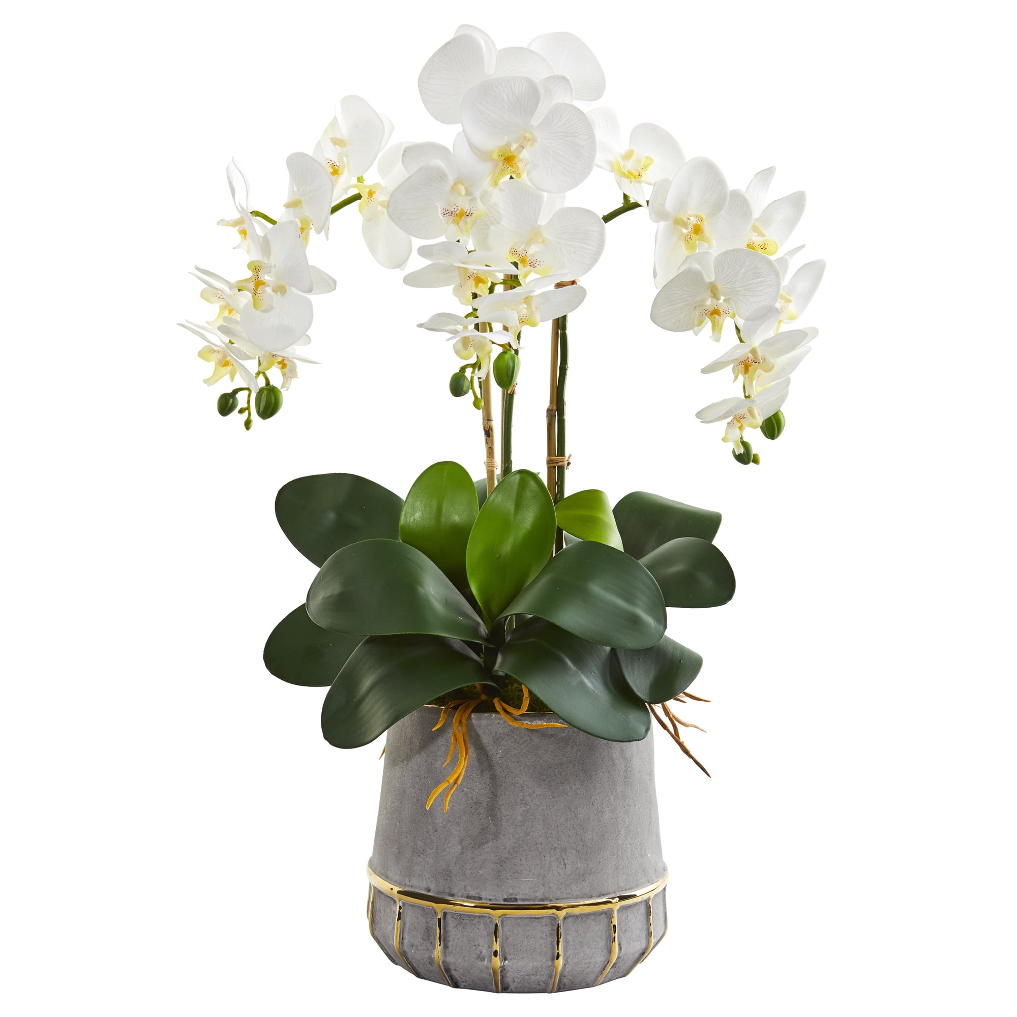 Nearly Natural 24 Inch Triple Phalaenopsis Orchid Artificial Arrangement In Stoneware Vase With