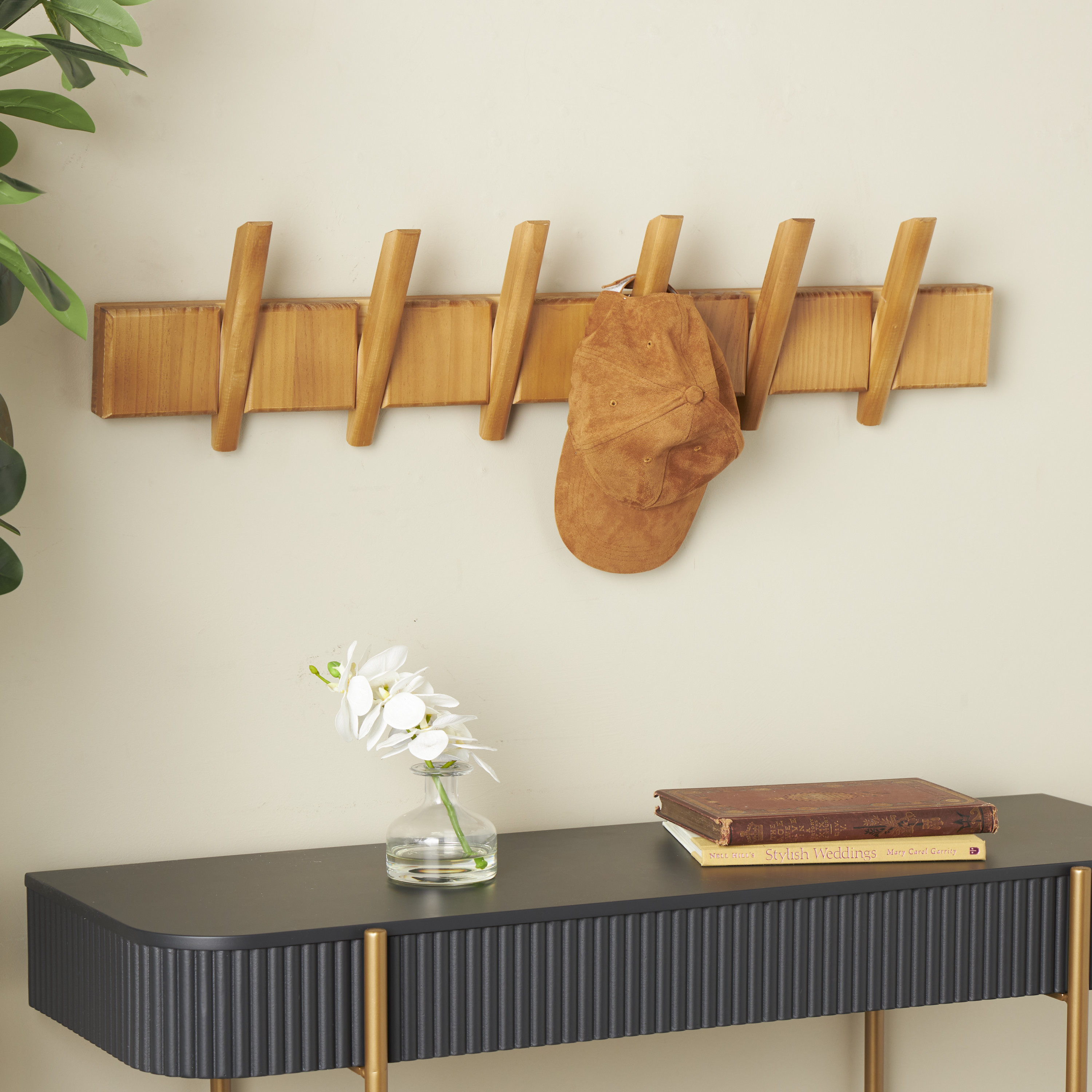 DecMode 36" x 9" Brown Wood Minimalistic 6 Hanger Wall Hook, 1-Piece