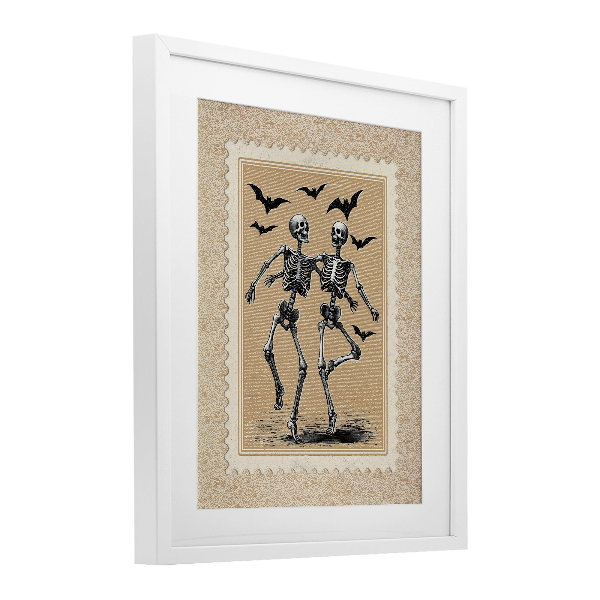 Vintage Dancing Skeletons Stamp White Framed Print Under Glass, design by Arlington Prints