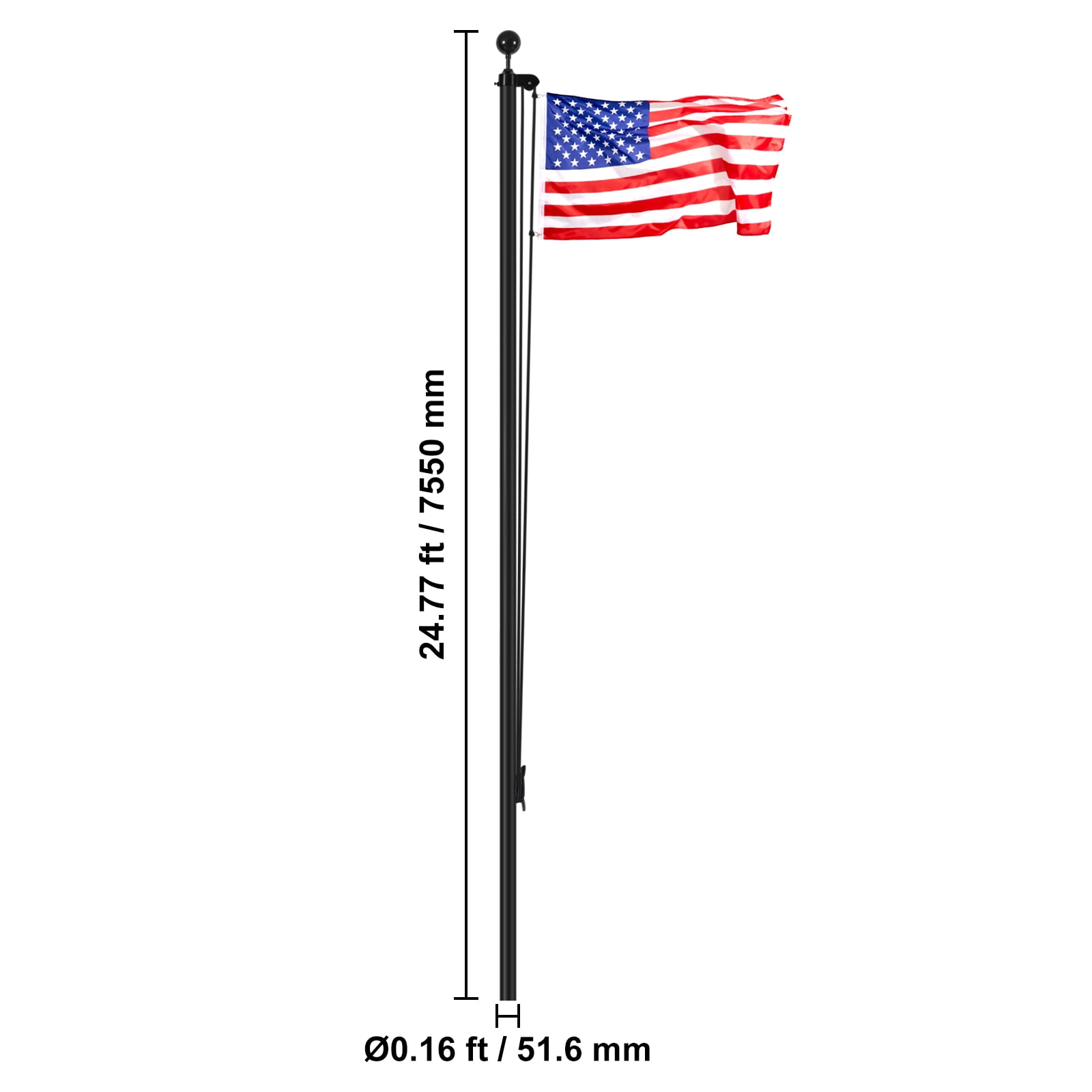 KFFKFF 25FT Segment Flagpole Set, Robust Aluminum Alloy Outdoor Ground Flag Stands, Trio Display Options with 3x5 US Flag, Expert Gear, Black