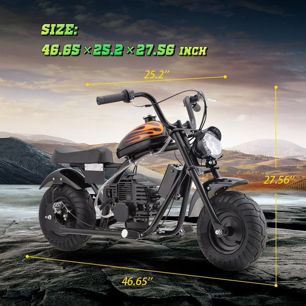 HOVER HEART Gas Mini Chopper Bike, DB004 Model 49.4 CC 2-Stroke Dirt Bike with Big Headlight, Premium Tire, Metal Frame, Disc Brakes, Max Load 165Lbs, Up to 20Mph, EPA Approved