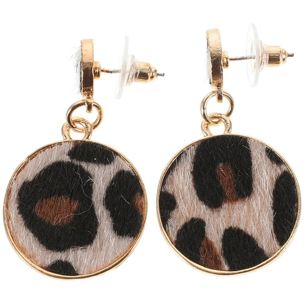 Juego de 2 pendientes de peluche con estampado de leopardo, forma geométrica redonda, pendientes de botón