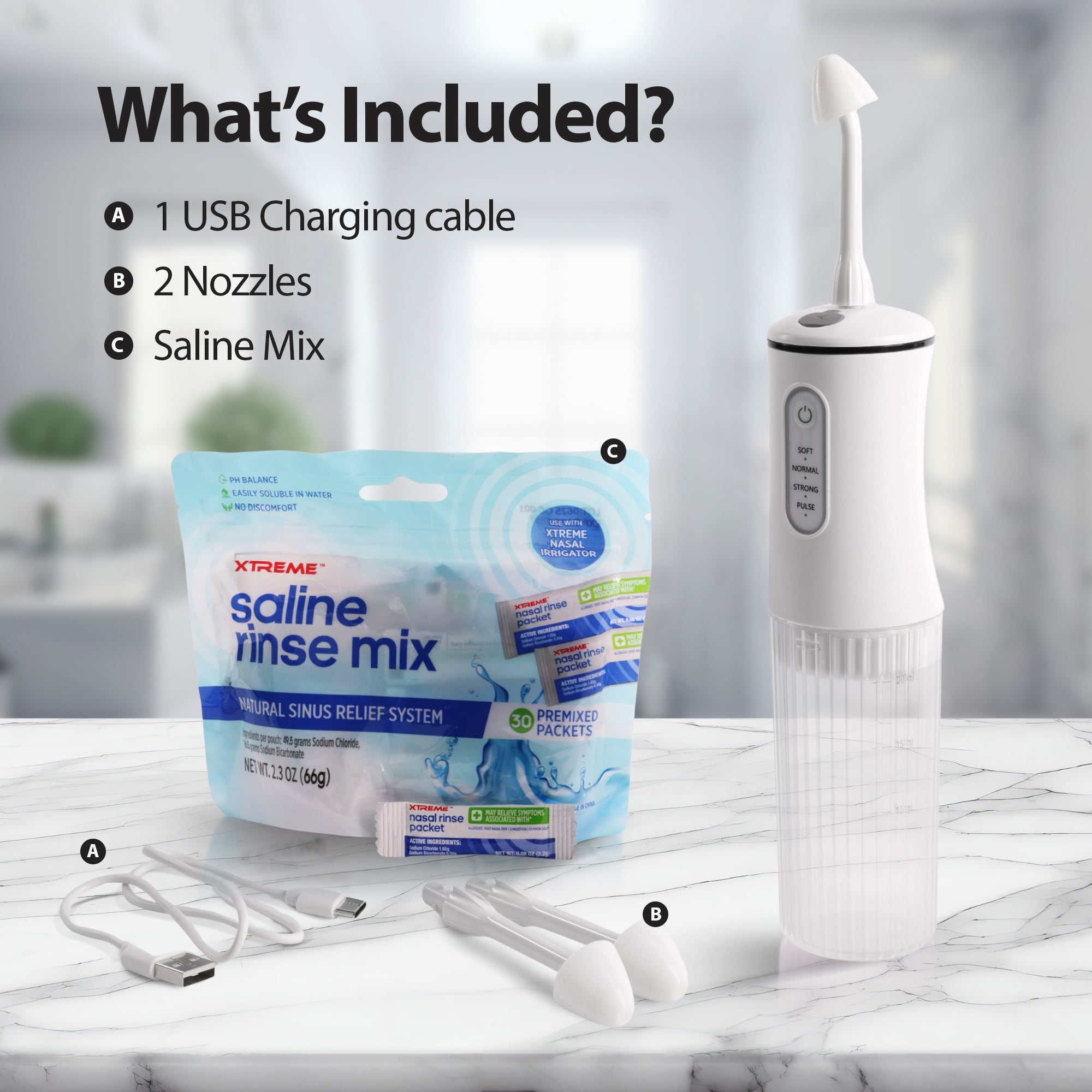 Xtreme Nasal Irrigator Natural Sinus Relief System, Rechargeable 200ml Capacity with 4 Rinse Modes, Includes 30 Saline Packets and 2 Nozzles for Adults