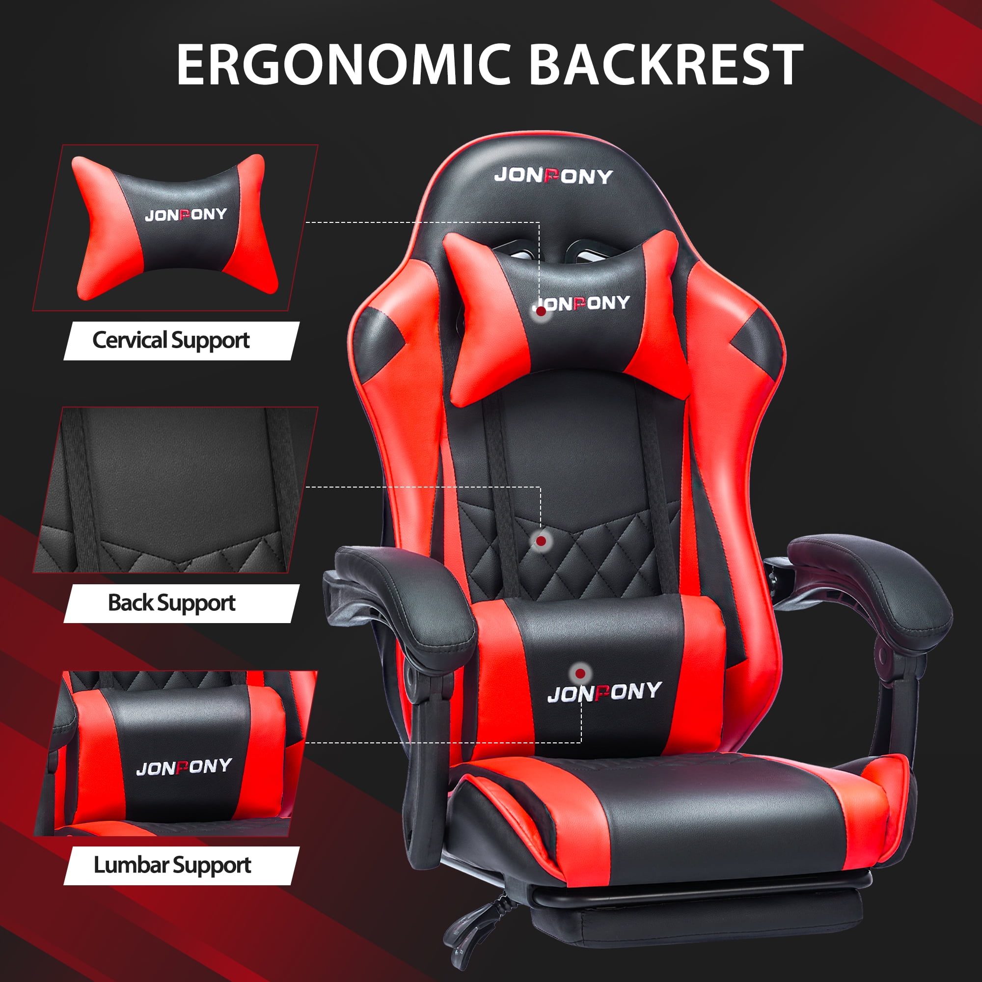 JONPONY Big and Tall 400LBS Gaming Chair, Ergonomic Design, Gamer Chair PU Leather with Footrest and Lumbar Support, High Back Office Chair Support 8 Hours Long Sitting, Computer Chair,Red