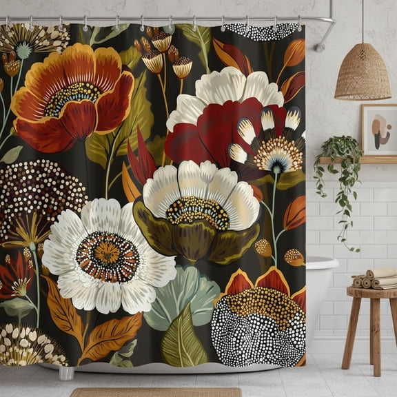 Boho Floral Shower Curtain Dark Botanical Flowers Fabric Bath Curtain with Hooks for Bathroom 71x71 inches