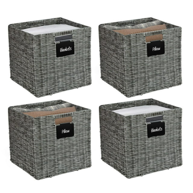 DECOMOMO Wicker Baskets Storage Organization Waterproof Plastic Storage Cubes for Toys, Books, Clothes (Set of 4 - Grey)