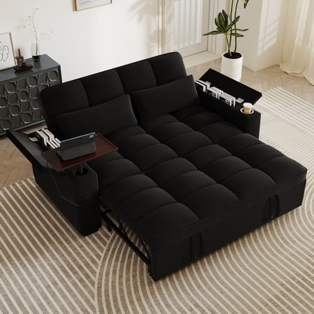 Aukfa 65"W Convertible Sofa Bed with Storage, 3-in-1 Corduroy Queen Sleeper Sofa Couch with 360° Swivel Side Table & USB /Type-C Ports,Black