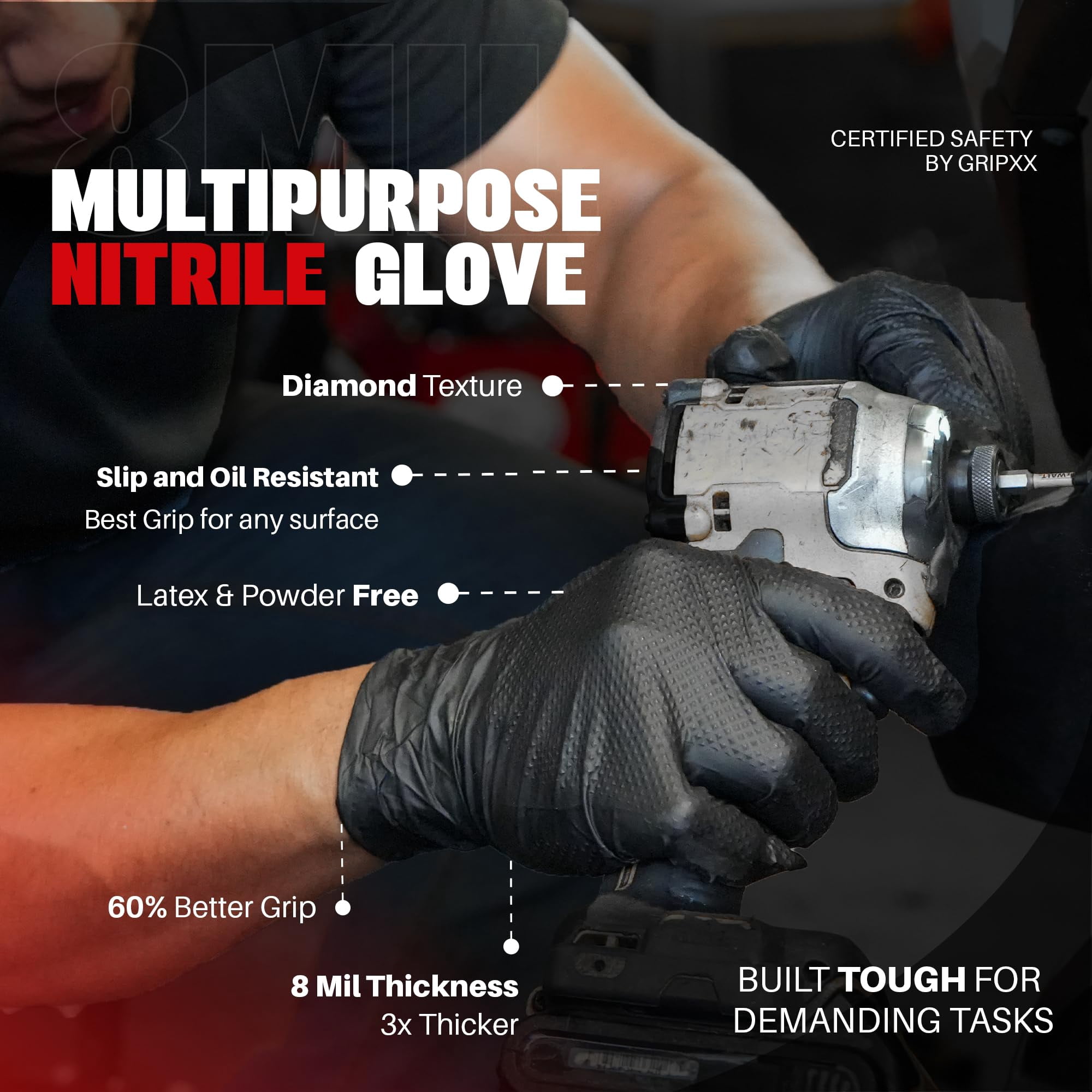 GRIPXX 3D Herkules Grip 8-Mil Industrial Black Nitrile Gloves – Disposable Heavy-Duty, Latex- & Powder-Free Gloves - 200ct X-large black gloves