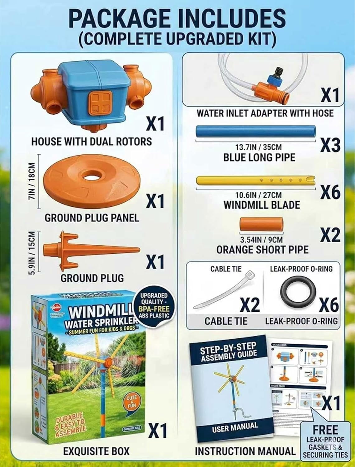Water Windmill Toy, 55" Sprinkler for Kids with 54 Spray Nozzles, 360° Spinning Splash Outdoor Yard Toy, Double-Sided 6-Blade Design, Garden Watering & Summer Fun