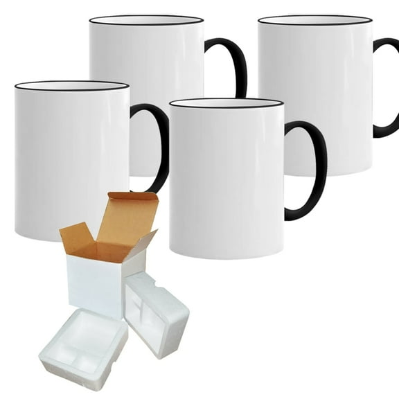 Mugsie 4 Pcs 11OZ Black Rim & Handle Sublimation Mugs With Foam Support Boxes