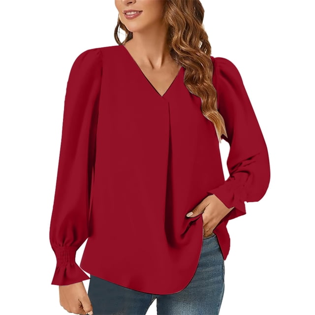 Yigetop Hauts et Blouses pour Femmes Chemises à Manches Longues pour Femmes Chemises de Travail Décontractées Col en V Blouses de Bureau Blouses Habillées Décontractées Rouges TG