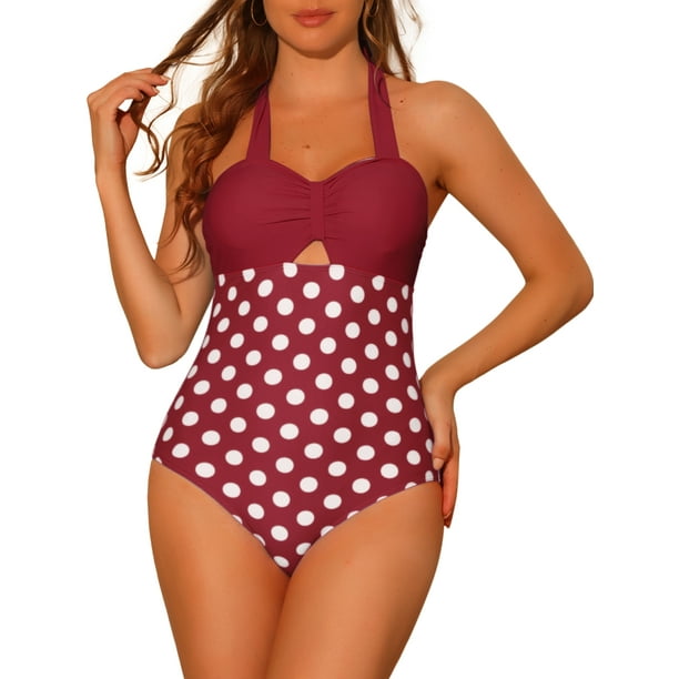 Monokini de lunares con cuello halter para mujer, traje de baño de una pieza con control de abdomen y corte, color rojo burdeos, talla X-Small