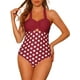 thumbnail image 1 of Monokini de lunares con cuello halter para mujer, traje de baño de una pieza con control de abdomen y corte, color rojo burdeos, talla X-Small, 1 of 5